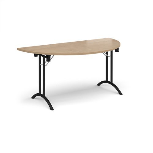 Semi circular folding leg table with black legs and curved foot rails 1600mm x 800mm - Kendal Oak - CFL1600S-K-KO