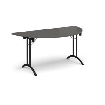 Semi circular folding leg table with black legs and curved foot rails 1600mm x 800mm - Onyx Grey - CFL1600S-K-OG