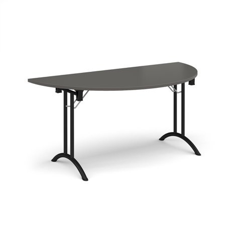 Semi circular folding leg table with black legs and curved foot rails 1600mm x 800mm - Onyx Grey - CFL1600S-K-OG