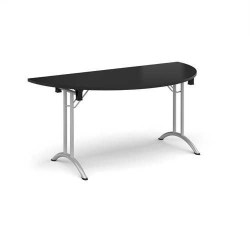 Semi circular folding leg table with silver legs and curved foot rails 1600mm x 800mm - Black - CFL1600S-S-BK