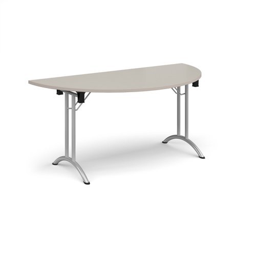 Semi circular folding leg table with silver legs and curved foot rails 1600mm x 800mm - Light Grey - CFL1600S-S-LG