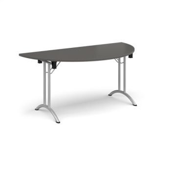 Semi circular folding leg table with silver legs and curved foot rails 1600mm x 800mm - Onyx Grey - CFL1600S-S-OG