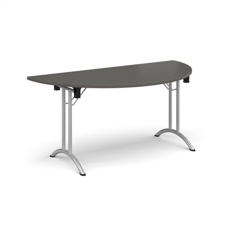 Semi circular folding leg table with silver legs and curved foot rails 1600mm x 800mm - Onyx Grey - CFL1600S-S-OG