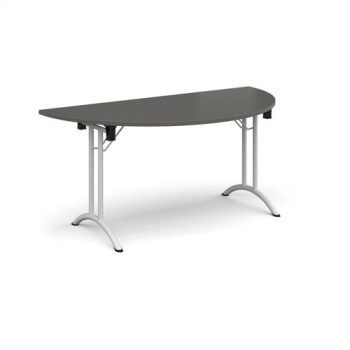 Semi circular folding leg table with white legs and curved foot rails 1600mm x 800mm - Onyx Grey - CFL1600S-WH-OG