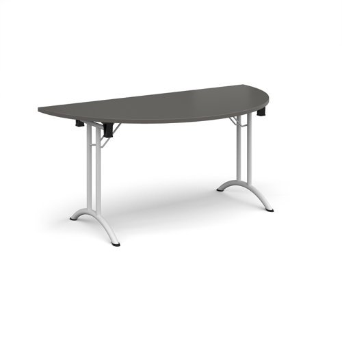 Semi circular folding leg table with white legs and curved foot rails 1600mm x 800mm - Onyx Grey - CFL1600S-WH-OG