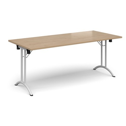 Rectangular folding leg table with white legs and curved foot rails 1800mm x 800mm - Kendal Oak - CFL1800-WH-KO
