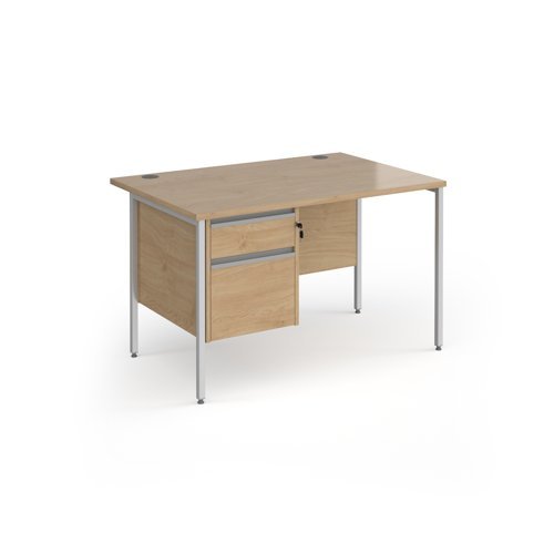 Contract 25 straight desk with 2 drawer pedestal and silver H-Frame leg 1200mm x 800mm - Kendal Oak Top - CH12S2-S-KO