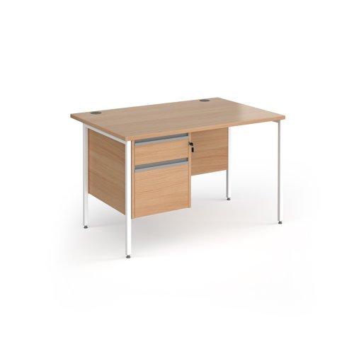 Contract 25 straight desk with 2 drawer pedestal and white H-Frame leg 1200mm x 800mm - Beech top - CH12S2-WH-B