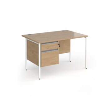 Contract 25 straight desk with 2 drawer pedestal and white H-Frame leg 1200mm x 800mm - Kendal Oak Top - CH12S2-WH-KO