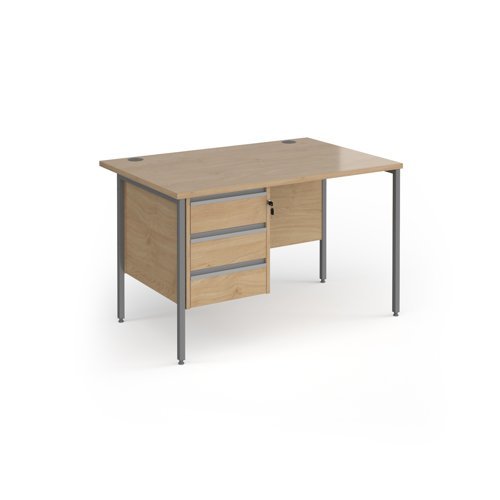 Contract 25 straight desk with 3 drawer pedestal and graphite H-Frame leg 1200mm x 800mm - Kendal Oak Top - CH12S3-G-KO
