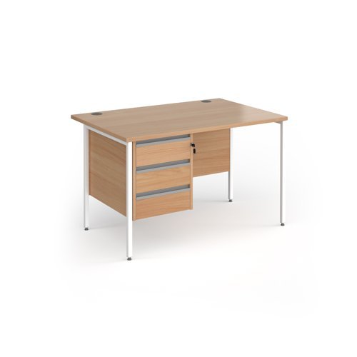 Contract 25 straight desk with 3 drawer pedestal and white H-Frame leg 1200mm x 800mm - Beech top - CH12S3-WH-B