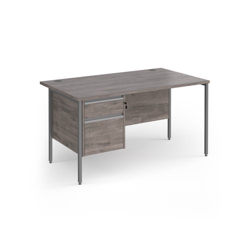 Contract 25 straight desk with 2 drawer pedestal and graphite H-Frame leg 1400mm x 800mm - Grey Oak Top - CH14S2-G-GO