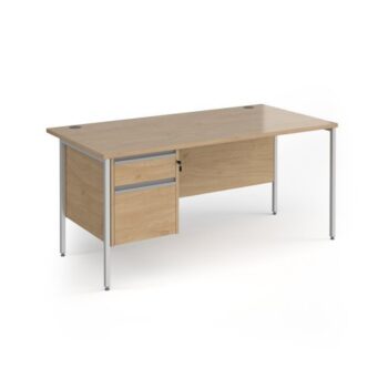 Contract 25 straight desk with 2 drawer pedestal and silver H-Frame leg 1600mm x 800mm - Kendal Oak Top - CH16S2-S-KO