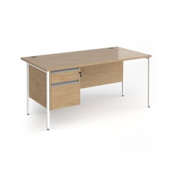 Contract 25 straight desk with 2 drawer pedestal and white H-Frame leg 1600mm x 800mm - Kendal Oak Top - CH16S2-WH-KO