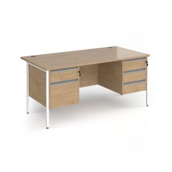 Contract 25 straight desk with 2 and 3 drawer pedestals and white H-Frame leg 1600mm x 800mm - Kendal Oak Top - CH16S23-WH-KO