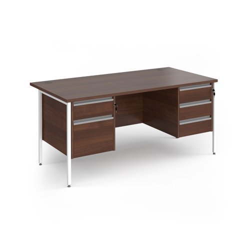 Contract 25 straight desk with 2 and 3 drawer pedestals and white H-Frame leg 1600mm x 800mm - Walnut top - CH16S23-WH-W