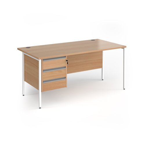 Contract 25 straight desk with 3 drawer pedestal and white H-Frame leg 1600mm x 800mm - Beech top - CH16S3-WH-B