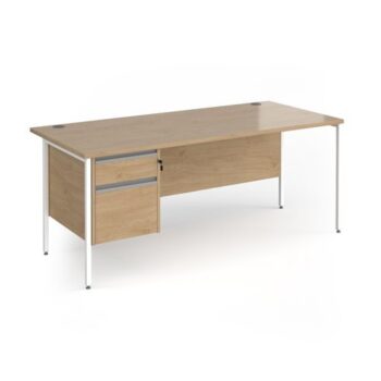 Contract 25 straight desk with 2 drawer pedestal and white H-Frame leg 1800mm x 800mm - Kendal Oak Top - CH18S2-WH-KO