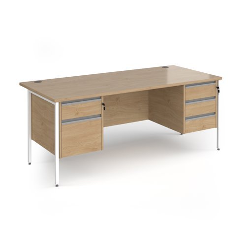 Contract 25 straight desk with 2 and 3 drawer pedestals and white H-Frame leg 1800mm x 800mm - Kendal Oak Top - CH18S23-WH-KO
