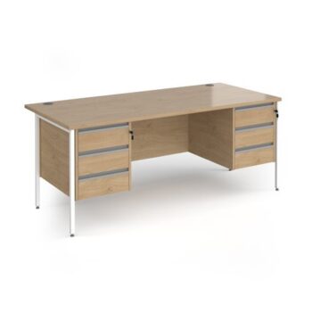 Contract 25 straight desk with 3 and 3 drawer pedestals and white H-Frame leg 1800mm x 800mm - Kendal Oak Top - CH18S33-WH-KO
