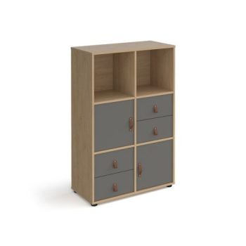 Universal cube storage unit 1295mm high on glides with 2 cupboards and 2 sets of drawers - oak with grey inserts - CUBE-BUNDLE-10-KO-OG