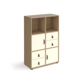 Universal cube storage unit 1295mm high on glides with 2 cupboards and 2 sets of drawers - oak with white inserts - CUBE-BUNDLE-10-KO-WH