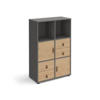 Universal cube storage unit 1295mm high on glides with 2 cupboards and 2 sets of drawers - grey with oak inserts - CUBE-BUNDLE-10-OG-KO
