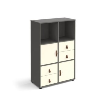 Universal cube storage unit 1295mm high on glides with 2 cupboards and 2 sets of drawers - grey with white inserts - CUBE-BUNDLE-10-OG-WH