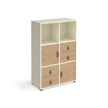 Universal cube storage unit 1295mm high on glides with 2 cupboards and 2 sets of drawers - white with oak inserts - CUBE-BUNDLE-10-WH-KO