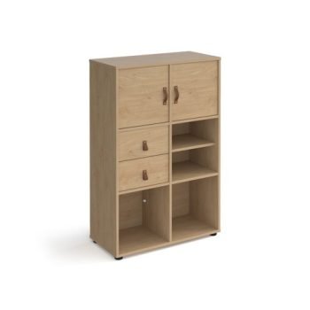 Universal cube storage unit 1295mm high on glides with matching shelf 2 cupboards and drawers - oak with oak inserts - CUBE-BUNDLE-11-KO-KO