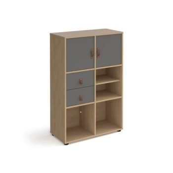 Universal cube storage unit 1295mm high on glides with matching shelf 2 cupboards and drawers - oak with grey inserts - CUBE-BUNDLE-11-KO-OG