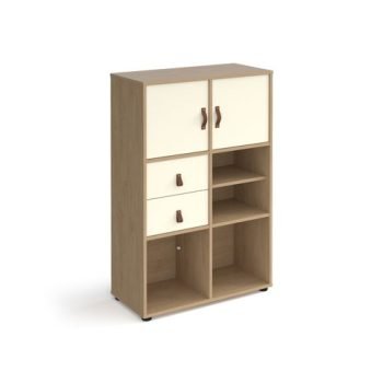 Universal cube storage unit 1295mm high on glides with matching shelf 2 cupboards and drawers - oak with white inserts - CUBE-BUNDLE-11-KO-WH