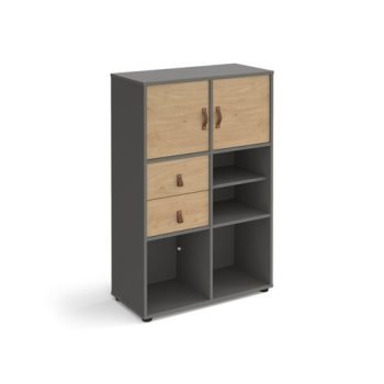 Universal cube storage unit 1295mm high on glides with matching shelf 2 cupboards and drawers - grey with oak inserts - CUBE-BUNDLE-11-OG-KO
