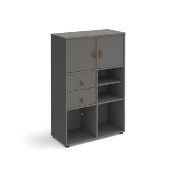 Universal cube storage unit 1295mm high on glides with matching shelf 2 cupboards and drawers - grey with grey inserts - CUBE-BUNDLE-11-OG-OG