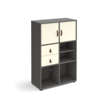 Universal cube storage unit 1295mm high on glides with matching shelf 2 cupboards and drawers - grey with white inserts - CUBE-BUNDLE-11-OG-WH