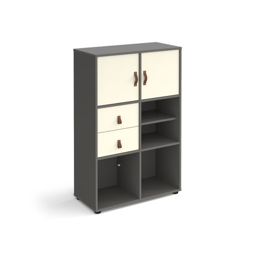 Universal cube storage unit 1295mm high on glides with matching shelf 2 cupboards and drawers - grey with white inserts - CUBE-BUNDLE-11-OG-WH