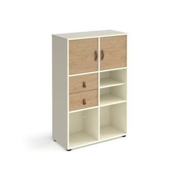 Universal cube storage unit 1295mm high on glides with matching shelf 2 cupboards and drawers - white with oak inserts - CUBE-BUNDLE-11-WH-KO