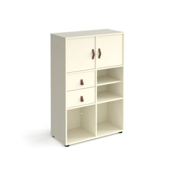 Universal cube storage unit 1295mm high on glides with matching shelf 2 cupboards and drawers - white with white inserts - CUBE-BUNDLE-11-WH-WH