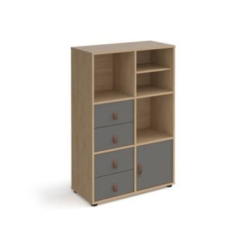 Universal cube storage unit 1295mm high on glides with matching shelf cupboard and 2 sets of drawers - oak with grey inserts - CUBE-BUNDLE-12-KO-OG