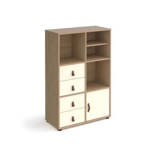 Universal cube storage unit 1295mm high on glides with matching shelf cupboard and 2 sets of drawers - oak with white inserts - CUBE-BUNDLE-12-KO-WH