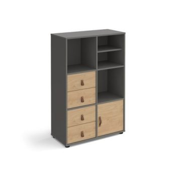 Universal cube storage unit 1295mm high on glides with matching shelf cupboard and 2 sets of drawers - grey with oak inserts - CUBE-BUNDLE-12-OG-KO