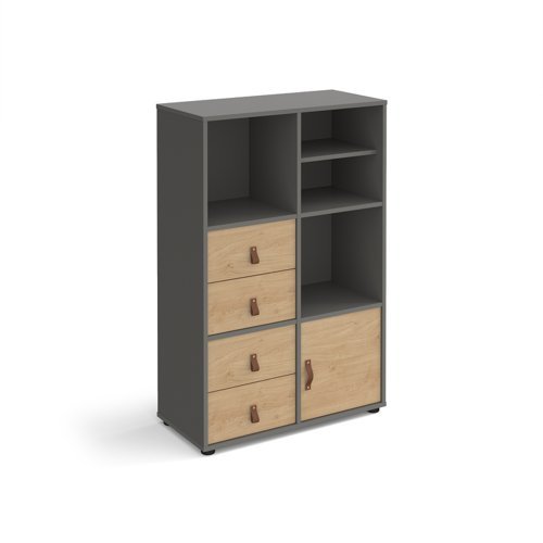 Universal cube storage unit 1295mm high on glides with matching shelf cupboard and 2 sets of drawers - grey with oak inserts - CUBE-BUNDLE-12-OG-KO