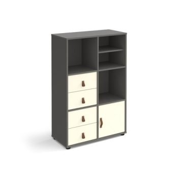 Universal cube storage unit 1295mm high on glides with matching shelf cupboard and 2 sets of drawers - grey with white inserts - CUBE-BUNDLE-12-OG-WH