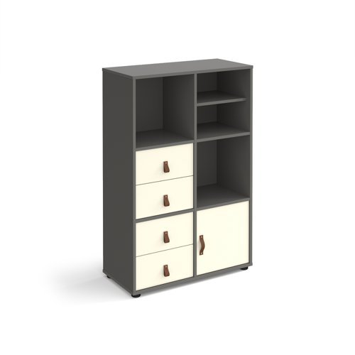 Universal cube storage unit 1295mm high on glides with matching shelf cupboard and 2 sets of drawers - grey with white inserts - CUBE-BUNDLE-12-OG-WH