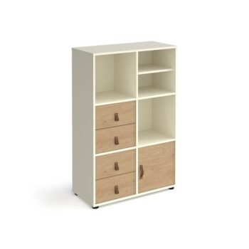 Universal cube storage unit 1295mm high on glides with matching shelf cupboard and 2 sets of drawers - white with oak inserts - CUBE-BUNDLE-12-WH-KO