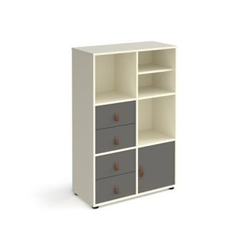Universal cube storage unit 1295mm high on glides with matching shelf cupboard and 2 sets of drawers - white with grey inserts - CUBE-BUNDLE-12-WH-OG