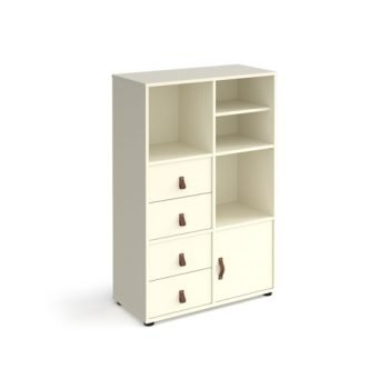 Universal cube storage unit 1295mm high on glides with matching shelf cupboard and 2 sets of drawers - white with white inserts - CUBE-BUNDLE-12-WH-WH
