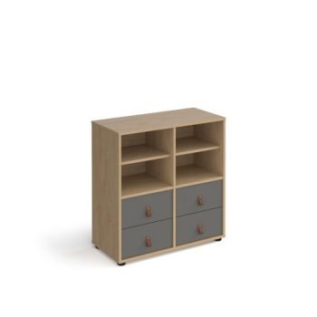 Universal cube storage unit 875mm high on glides with 2 matching shelves and 2 sets of drawers - oak with grey inserts - CUBE-BUNDLE-3-KO-OG
