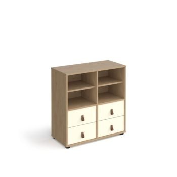 Universal cube storage unit 875mm high on glides with 2 matching shelves and 2 sets of drawers - oak with white inserts - CUBE-BUNDLE-3-KO-WH