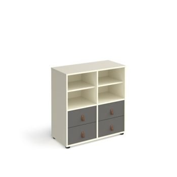 Universal cube storage unit 875mm high on glides with 2 matching shelves and 2 sets of drawers - white with grey inserts - CUBE-BUNDLE-3-WH-OG